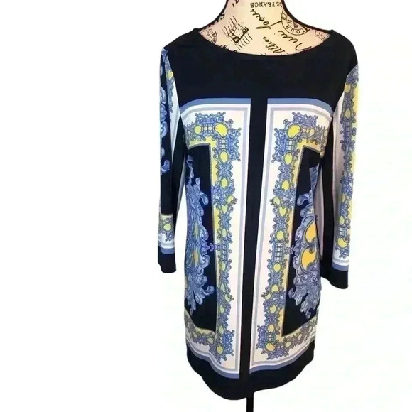 Susan Graver Small Blue Yellow and White Popover Blouse Geometric Print - Picture 1 of 6